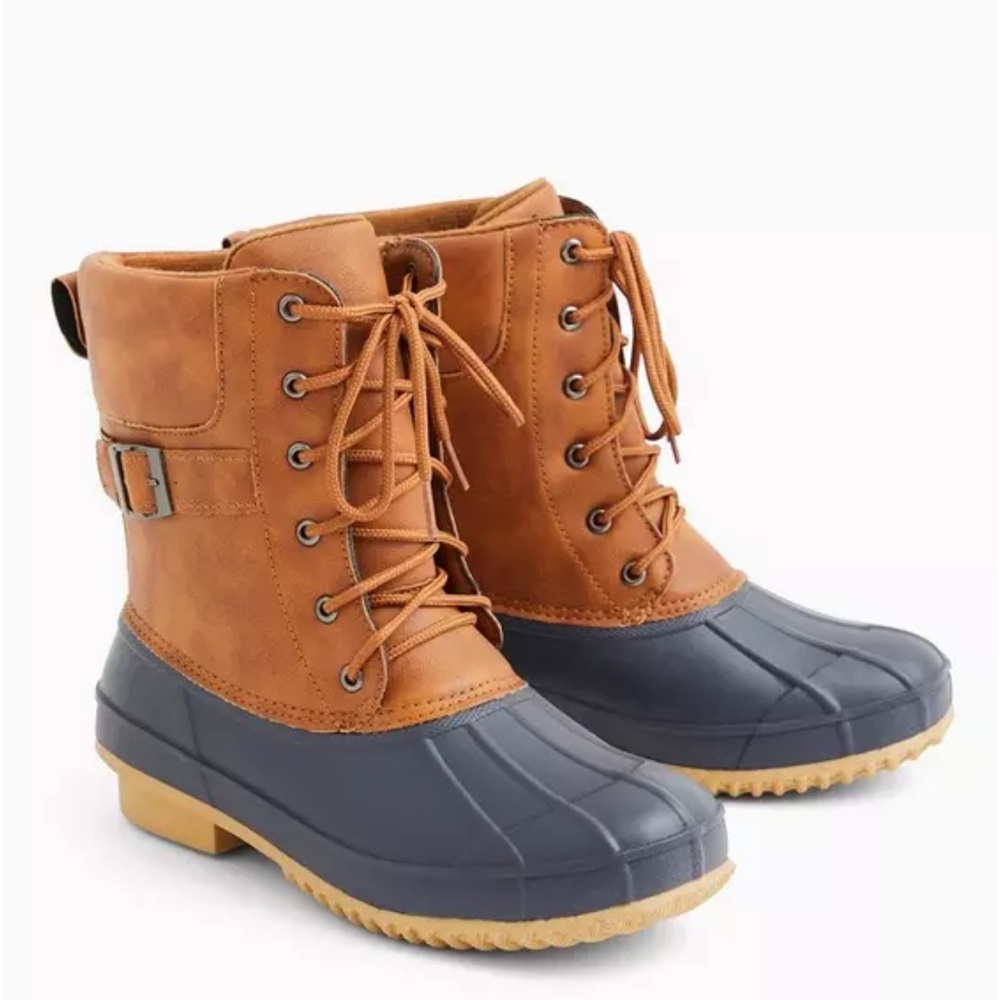 Torrid Cold Weather Bootie Rain Boot Duck Boot 12WW Tan and Navy
